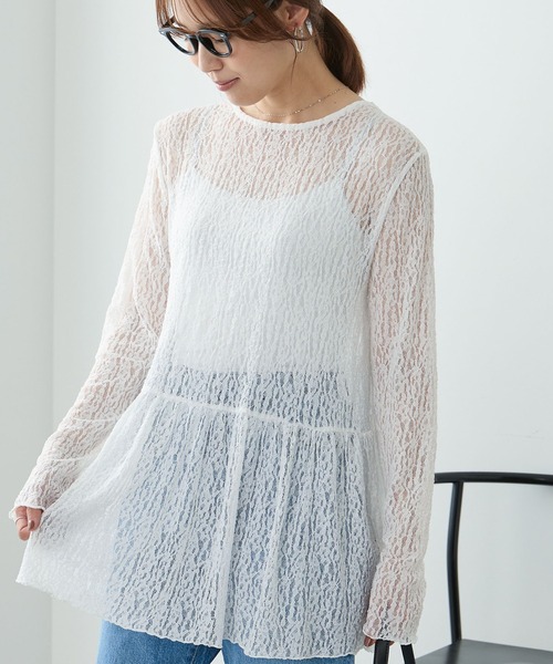 Aunely(オーネリー)の「【Aunely】華やぐシアーアソートレースペプラム プルオーバー<YOSOOIシリーズ>(Tシャツ/カットソー・レディース・オフホワイト/ピンク/アイボリー/ブラウン/ライトブルー/ブラック・L/M)」の12枚目の写真