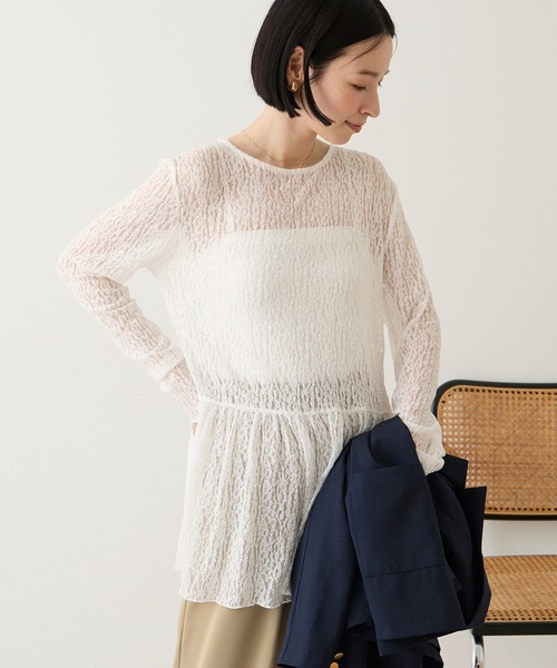 Aunely(オーネリー)の「【Aunely】華やぐシアーアソートレースペプラム プルオーバー<YOSOOIシリーズ>(Tシャツ/カットソー・レディース・オフホワイト/ピンク/アイボリー/ブラウン/ライトブルー/ブラック・L/M)」の8枚目の写真