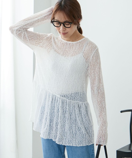 Aunely(オーネリー)の「【Aunely】華やぐシアーアソートレースペプラム プルオーバー<YOSOOIシリーズ>(Tシャツ/カットソー・レディース・オフホワイト/ピンク/アイボリー/ブラウン/ライトブルー/ブラック・L/M)」の13枚目の写真