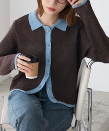 モヘアライクシアー配色襟カーディガン