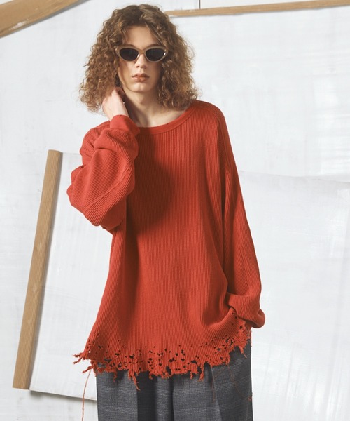 MAISON SPECIAL（メゾンスペシャル）の「《UNISEX》Destructive Damage Prime-Over Long Sleeve Waffle T-Shirt/デストロイダメージプライムオーバーロングスリーブワッフルTシャツ【MAISON SPECIAL/メゾンスペシャル】（Tシャツ/カットソー・メンズ・ホワイト/ブラック/レッド・1/2/0）」の3枚目の写真