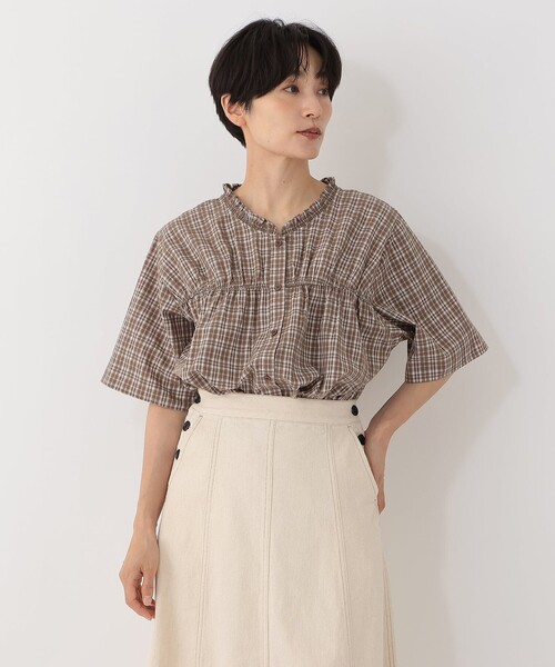 Afternoon Tea(アフタヌーンティー)の「フリルカラーブラウス チェック(シャツ/ブラウス・レディース・ブラウン・MEDIUM)」の1枚目の写真