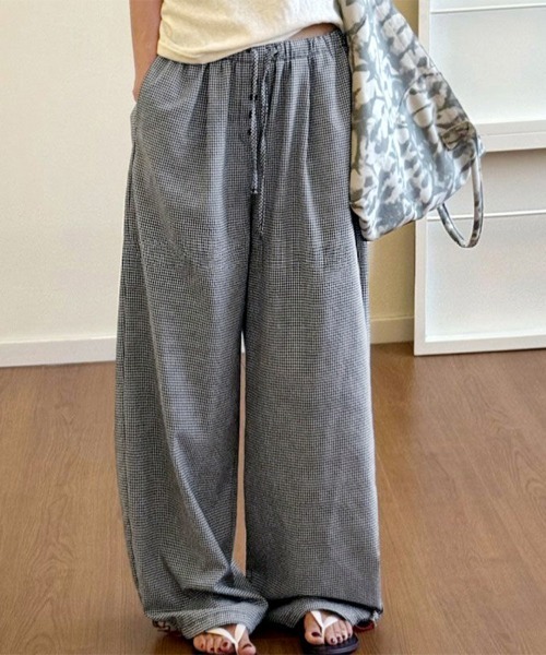ONEP STAR(ワンピスター)の「千鳥格子柄ウエストデザインワイドパンツ(その他パンツ・レディース・ネイビー/ブラック・FREE)」の1枚目の写真