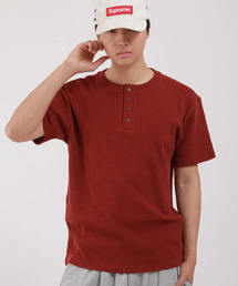 ベーシックヘンリーネックワッフル半袖Tシャツ_バーガンディ