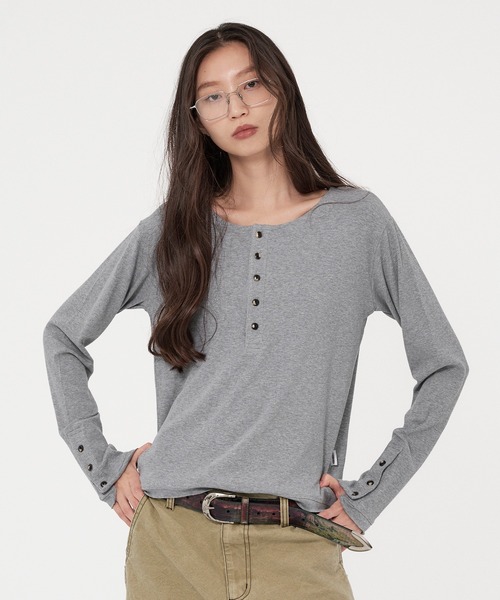 長袖 リブ ヘンリーネック カットソー グレー ROLL-UP RIB HENRY NECK LONG SLEEVE/ロールアップリブヘンリーネック