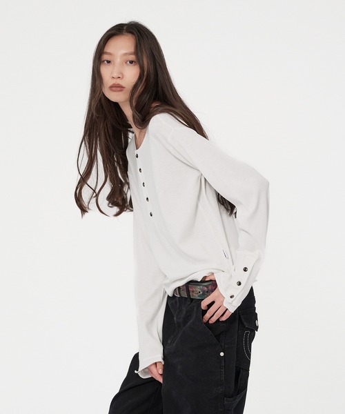 WISH FOR EVER（ウィッシュフォーエバー）の「ROLL-UP RIB HENRY NECK LONG SLEEVE/ロールアップリブヘンリーネックロングスリーブ（Tシャツ/カットソー・メンズ・ホワイト/グレー/オレンジ/ブラック/チャコールグレー×ブラック/ワインレッド・SMALL/LARGE/MEDIUM）」の18枚目の写真