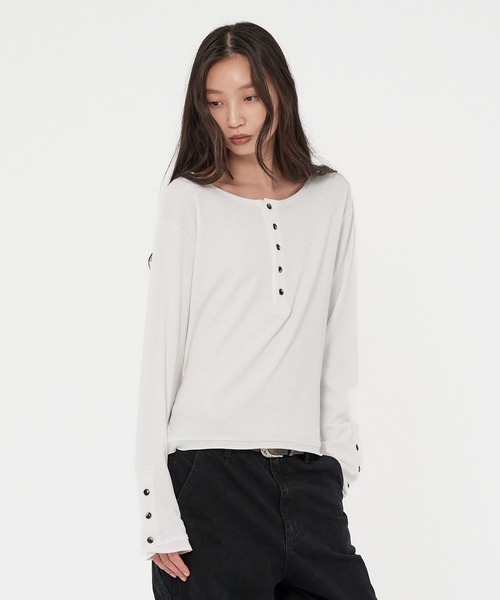 WISH FOR EVER（ウィッシュフォーエバー）の「ROLL-UP RIB HENRY NECK LONG SLEEVE/ロールアップリブヘンリーネックロングスリーブ（Tシャツ/カットソー・メンズ・ホワイト/グレー/オレンジ/ブラック/チャコールグレー×ブラック/ワインレッド・SMALL/LARGE/MEDIUM）」の19枚目の写真