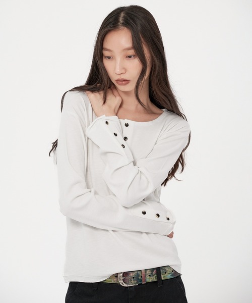 WISH FOR EVER（ウィッシュフォーエバー）の「ROLL-UP RIB HENRY NECK LONG SLEEVE/ロールアップリブヘンリーネックロングスリーブ（Tシャツ/カットソー・メンズ・ホワイト/グレー/オレンジ/ブラック/チャコールグレー×ブラック/ワインレッド・SMALL/LARGE/MEDIUM）」の20枚目の写真