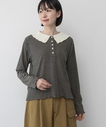 POU DOU DOU（プードゥドゥ）の「起毛テレコ並びボタン配色衿トップス（Tシャツ/カットソー・レディース）」