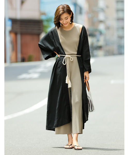 Re:EDIT（リエディ）の「ベルトロープ付きキモノスリーブガウンカーディガン（カーディガン/ボレロ・レディース・ブラック/ベージュ/カーキ/マスタード/モカ・MEDIUM/LARGE）」の2枚目の写真