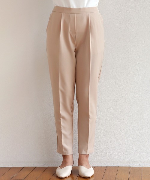 ストレッチきれいめ美脚タックテーパードパンツセンタープレスパンツウエストゴム