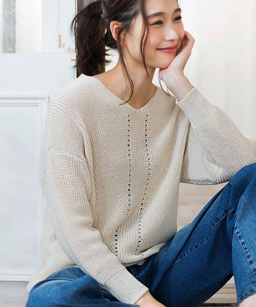 GeeRA(ジーラ)の「編地切替ゆるニット(ニット/セーター・レディース・モカ/ネイビー/イエロー/ベージュ・SMALL/LARGE/X-LARGE/MEDIUM)」の3枚目の写真