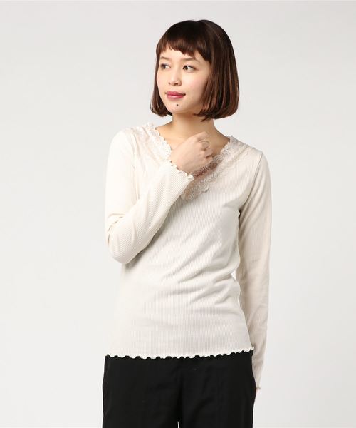 ehka sopo（エヘカソポ）の「アソートレーステレコプルオーバー（Tシャツ/カットソー・レディース・オフホワイト/カーキ/キナリ・ﾌﾘ-）」の3枚目の写真