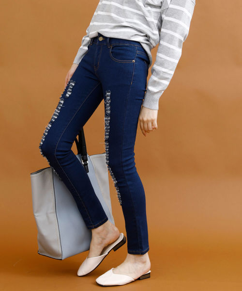 aimoha（アイモハ）の「クラッシュストレッチデニム（デニムパンツ・レディース・ブラック/ブルー/ネイビー/インディゴブルー/ライトブルー・SMALL/MEDIUM/X-SMALL/LARGE/X-LARGE）」の3枚目の写真