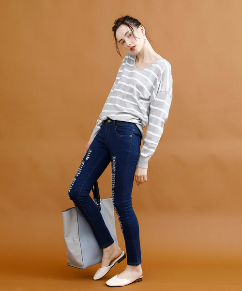 aimoha（アイモハ）の「クラッシュストレッチデニム（デニムパンツ・レディース・ブラック/ブルー/ネイビー/インディゴブルー/ライトブルー・SMALL/MEDIUM/X-SMALL/LARGE/X-LARGE）」の9枚目の写真