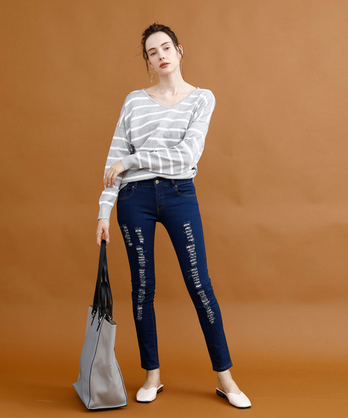 aimoha（アイモハ）の「クラッシュストレッチデニム（デニムパンツ・レディース・ブラック/ブルー/ネイビー/インディゴブルー/ライトブルー・SMALL/MEDIUM/X-SMALL/LARGE/X-LARGE）」の8枚目の写真