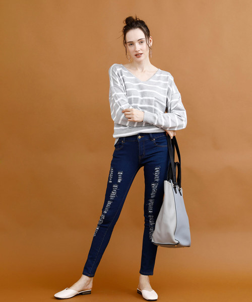 aimoha（アイモハ）の「クラッシュストレッチデニム（デニムパンツ・レディース・ブラック/ブルー/ネイビー/インディゴブルー/ライトブルー・SMALL/MEDIUM/X-SMALL/LARGE/X-LARGE）」の14枚目の写真