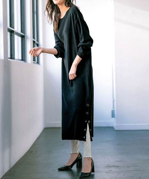 Ranan(ラナン)の「サイドボタンニットワンピース(ワンピース)」|ブラック