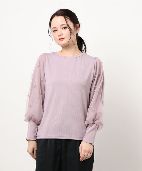 Hamble by Par Avion（ハンブルバイパラビオン）の「袖チュールトップス（Tシャツ/カットソー・レディース・オフホワイト/ラベンダー・ONESIZE）」の5枚目の写真