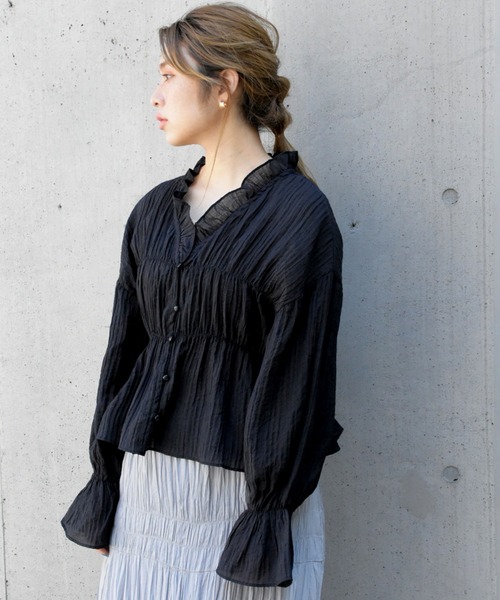 Brownie（ブラウニー）の「Brownie シャーリング袖今フリルブラウス（シャツ/ブラウス・レディース・ホワイト/レモンイエロー/ピンク/ブラック・FREE）」の3枚目の写真