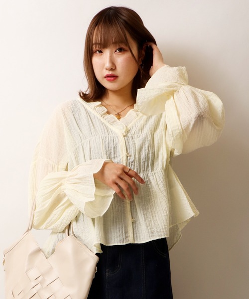 Brownie（ブラウニー）の「Brownie シャーリング袖今フリルブラウス（シャツ/ブラウス・レディース・ホワイト/レモンイエロー/ピンク/ブラック・FREE）」の17枚目の写真