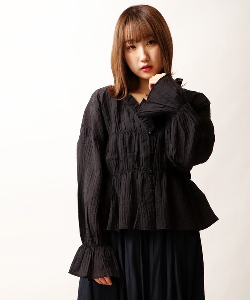 Brownie（ブラウニー）の「Brownie シャーリング袖今フリルブラウス（シャツ/ブラウス・レディース・ホワイト/レモンイエロー/ピンク/ブラック・FREE）」の12枚目の写真