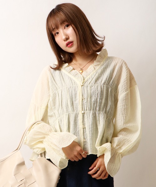 Brownie（ブラウニー）の「Brownie シャーリング袖今フリルブラウス（シャツ/ブラウス・レディース・ホワイト/レモンイエロー/ピンク/ブラック・FREE）」の16枚目の写真