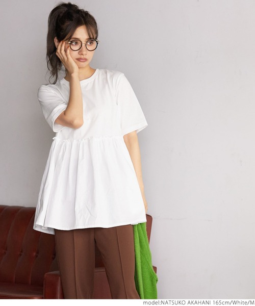 coca（coca）（コカ）の「異素材切り替え半袖チュニック（Tシャツ/カットソー・レディース・ホワイト/ブラック・M/L）」の4枚目の写真