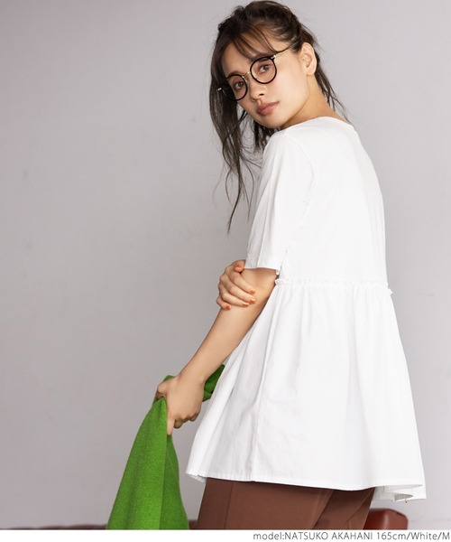 coca（coca）（コカ）の「異素材切り替え半袖チュニック（Tシャツ/カットソー・レディース・ホワイト/ブラック・M/L）」の5枚目の写真