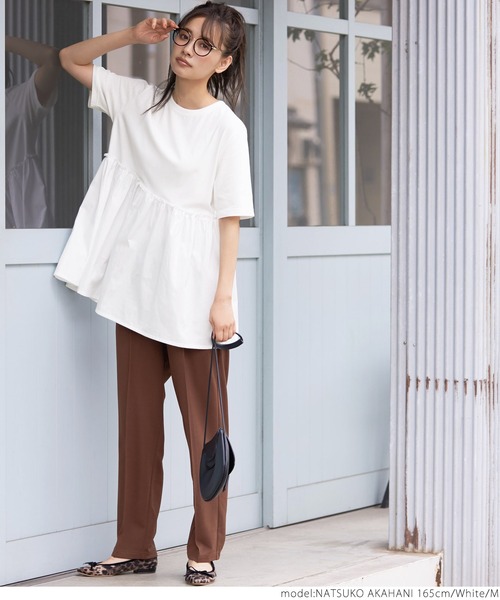 coca（coca）（コカ）の「異素材切り替え半袖チュニック（Tシャツ/カットソー・レディース・ホワイト/ブラック・M/L）」の8枚目の写真