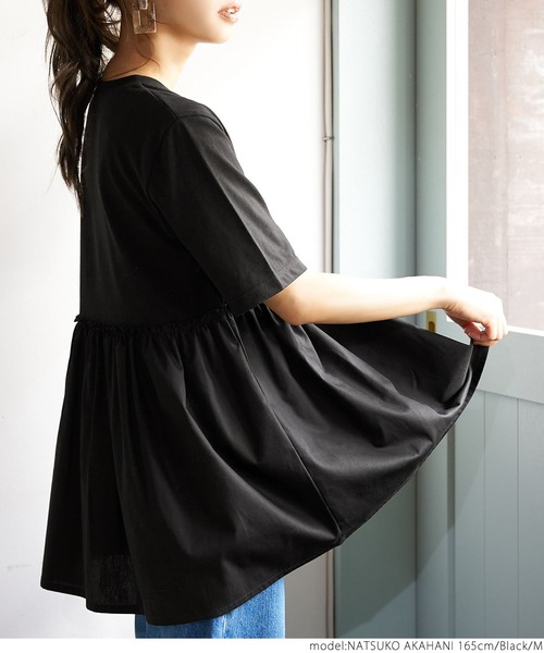 coca（coca）（コカ）の「異素材切り替え半袖チュニック（Tシャツ/カットソー・レディース・ホワイト/ブラック・M/L）」の11枚目の写真