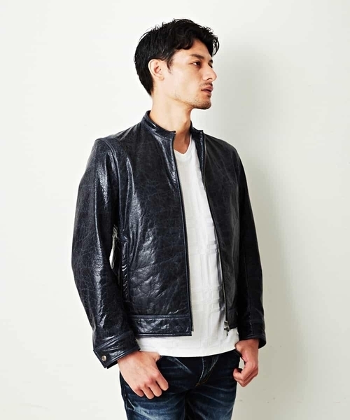 MICHEL KLEIN HOMME (ミッシェルクランオム)の「レザーブルゾン(クラックレザー)(ライダースジャケット・メンズ・ネイビー・MEDIUM/LARGE/X-LARGE)」の5枚目の写真
