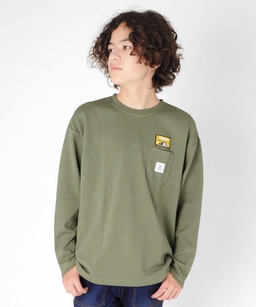 GLAZOS(グラソス)の「厚手天竺・ドロップショルダーワッペン付きポケット長袖Tシャツ(Tシャツ/カットソー・キッズ・ホワイト/チャコールグレー/カーキ・130cm/140cm/150cm/160cm/170cm)」の3枚目の写真