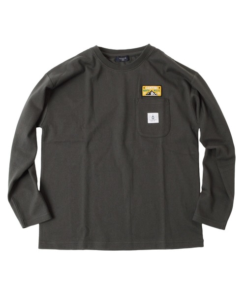 GLAZOS(グラソス)の「厚手天竺・ドロップショルダーワッペン付きポケット長袖Tシャツ(Tシャツ/カットソー・キッズ・ホワイト/チャコールグレー/カーキ・130cm/140cm/150cm/160cm/170cm)」の2枚目の写真