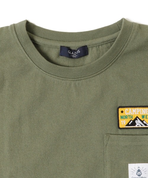 GLAZOS(グラソス)の「厚手天竺・ドロップショルダーワッペン付きポケット長袖Tシャツ(Tシャツ/カットソー・キッズ・ホワイト/チャコールグレー/カーキ・130cm/140cm/150cm/160cm/170cm)」の8枚目の写真