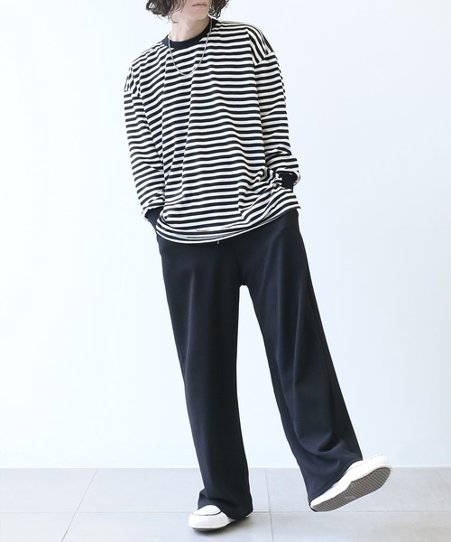 minsobi(ミンソビ)の「ルーズフィットボーダーTシャツ(Tシャツ/カットソー・メンズ・ブラック・FREE)」の5枚目の写真