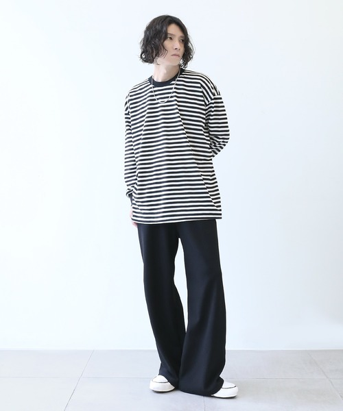 minsobi(ミンソビ)の「ルーズフィットボーダーTシャツ(Tシャツ/カットソー・メンズ・ブラック・FREE)」の13枚目の写真