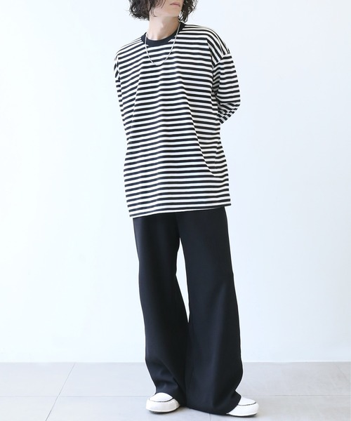 minsobi(ミンソビ)の「ルーズフィットボーダーTシャツ(Tシャツ/カットソー・メンズ・ブラック・FREE)」の9枚目の写真