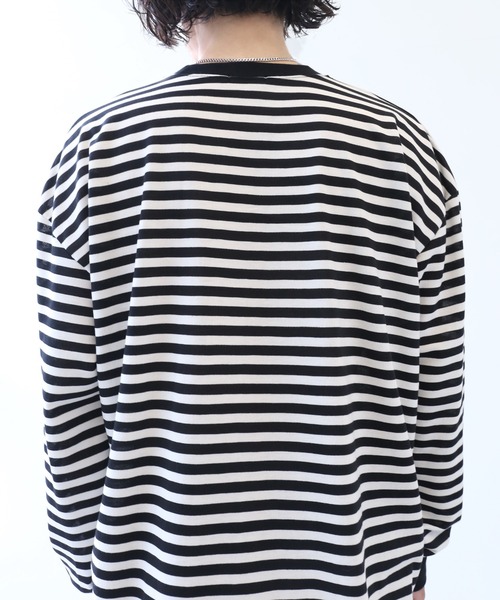 minsobi(ミンソビ)の「ルーズフィットボーダーTシャツ(Tシャツ/カットソー・メンズ・ブラック・FREE)」の14枚目の写真