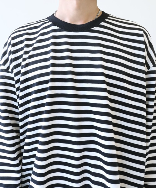 minsobi(ミンソビ)の「ルーズフィットボーダーTシャツ(Tシャツ/カットソー・メンズ・ブラック・FREE)」の6枚目の写真