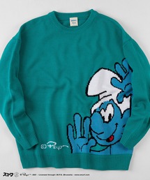 【THE SMURFS/スマーフ】ビッグシルエット キャラクター刺繍 ジャガード ニット/オーバーサイズニット