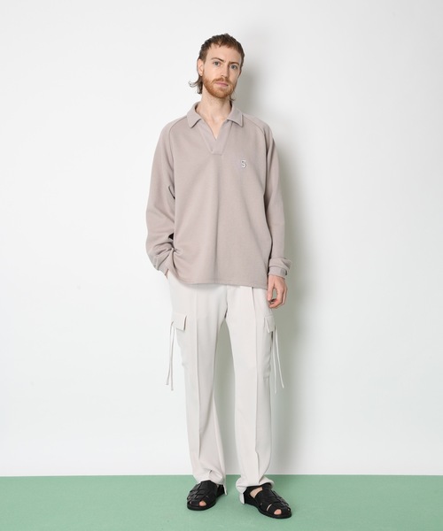 SUPERTHANKS（スーパーサンクス）の「リブ カットソー 刺繍ポイント スキッパーシャツ ビッグシルエット ■セットアップ対応■(ユニセックス)（Tシャツ/カットソー・メンズ・ホワイト/ライトベージュ/サックスブルー/ブラック・M/L/S）」の5枚目の写真