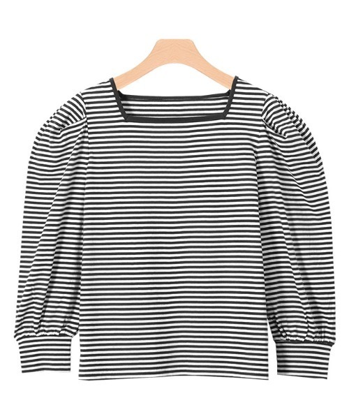 Pierrot（ピエロ）の「スクエアネックボーダーTシャツ（Tシャツ/カットソー・レディース・ブラック/ネイビー/レッド/イエロー・M/L）」の2枚目の写真