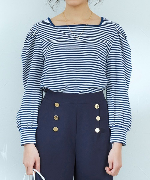 Pierrot（ピエロ）の「スクエアネックボーダーTシャツ（Tシャツ/カットソー・レディース・ブラック/ネイビー/レッド/イエロー・M/L）」の7枚目の写真