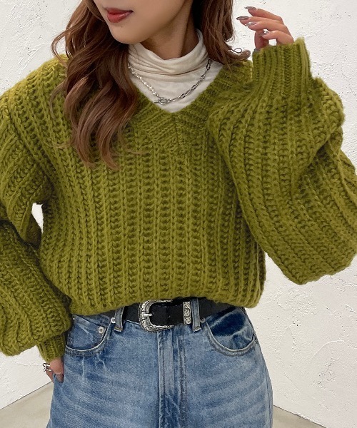 apres jour mignon（アプレジュールミニョン）の「ざっくり編みニット【ZOZOTOWN限定アイテム】（ニット/セーター・レディース・ブラック/グリーン/ライトベージュ・X-LARGE/フリー）」の3枚目の写真