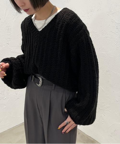 apres jour mignon（アプレジュールミニョン）の「ざっくり編みニット【ZOZOTOWN限定アイテム】（ニット/セーター・レディース・ブラック/グリーン/ライトベージュ・X-LARGE/フリー）」の6枚目の写真