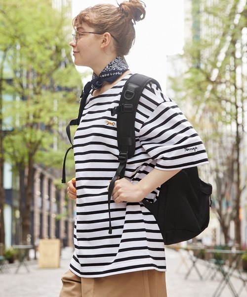 PENNEYS(ぺニーズ)の「PENNEYS/ペニーズ 別注 THE FOX ロゴ ワッペン&チェーン刺繍ワンポイント バスクボーダー ルーズ半袖Tシャツ(Tシャツ/カットソー・レディース・ホワイト系/グリーン系/ネイビー系/ブルー系/ブラック系/グリーン系2/ネイビー系2・M/L)」の8枚目の写真