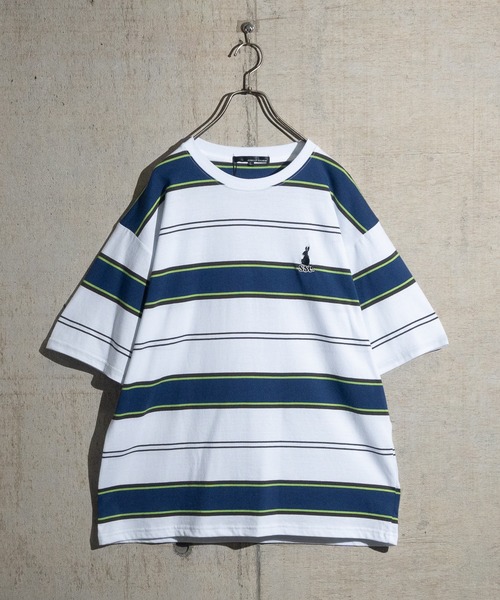 JOHN'S CLOSET(ジョンズクローゼット)の「【13】マルチボーダー胸刺繍Tシャツ(Tシャツ/カットソー・メンズ・ブラック/グリーン/オフホワイト/ホワイト/ブラック系その他/パープル・MEDIUM/LARGE)」の1枚目の写真