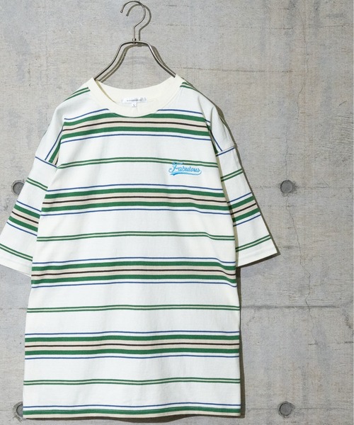 JOHN'S CLOSET(ジョンズクローゼット)の「【13】マルチボーダー胸刺繍Tシャツ(Tシャツ/カットソー・メンズ・ブラック/グリーン/オフホワイト/ホワイト/ブラック系その他/パープル・MEDIUM/LARGE)」の2枚目の写真