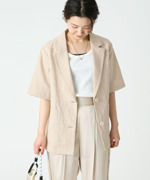 ベージュ 半袖 テーラードジャケット FREE セール】ジャガード半袖ジャケット（テーラードジャケット）｜B.C